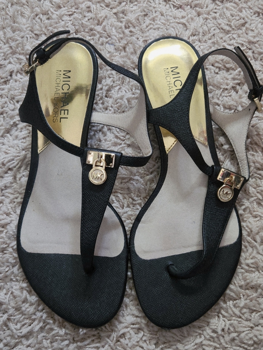 Michael Kors Black Sandal Thong with Gold Logo Charms